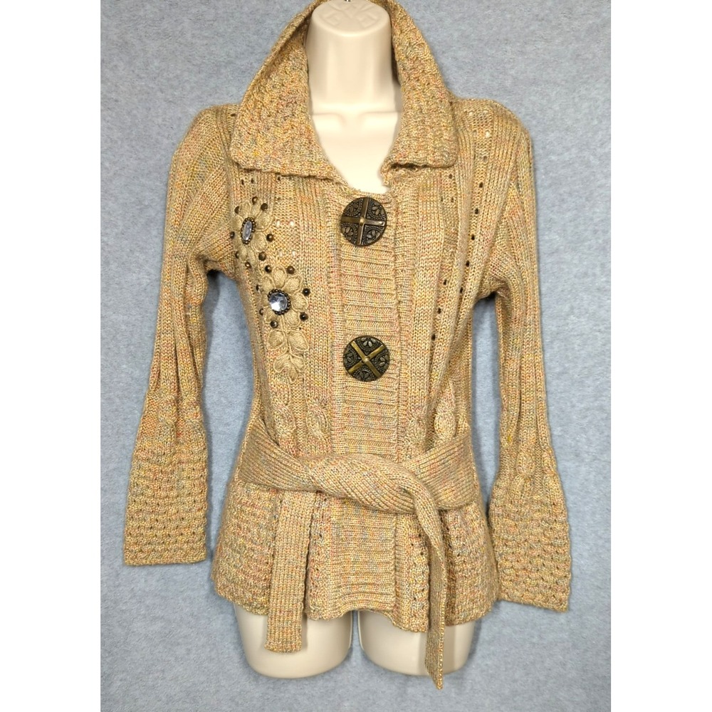 Vtg Funky Chunky Knit Cardigan Sweater S Cable Basket Weave Boho Festival Artsy